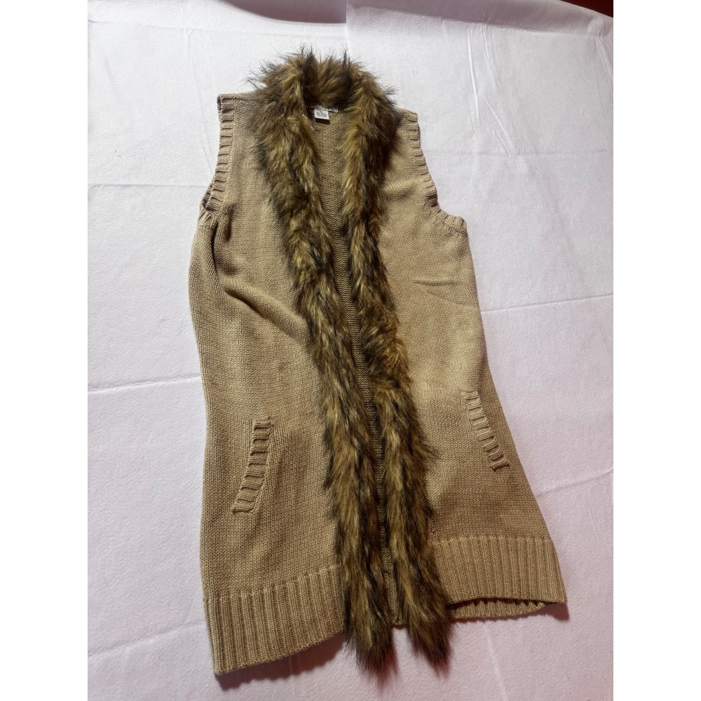 R&B Tan Knit Faux Fur Trim Longline Sweater Vest Open Front Cardigan Womens L